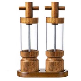 7 Inch Handle Manual Black Pepper Wood Grinder (Color: Natural, Type: Double+Base)