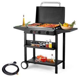 3-Burner Flat Top Gas Griddle Cooking Station with Ceramic Coated Cast Iron Pan, 30 (Color: black)