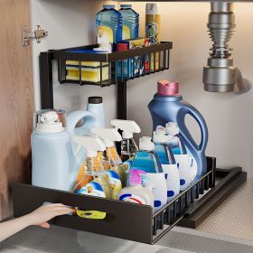 1/2pcs kitchen rack for sink organization and storage, under sink organization, sliding pull-out cabinet organization rack, metal sliding drawer (Color: black-1pc)