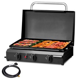 3-Burner Flat Top Gas Griddle Cooking Station with Ceramic Coated Cast Iron Pan, 30 (Color: as picture)